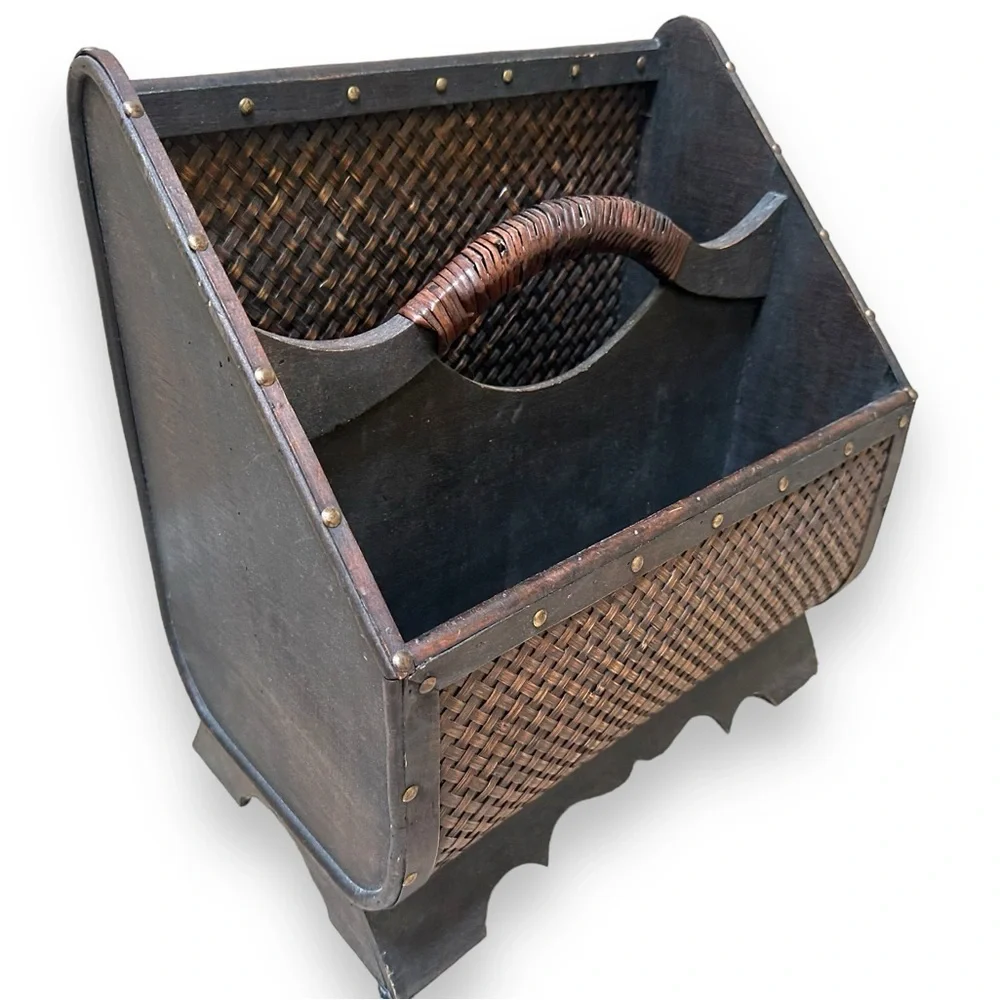 Magazine Stand Dark Solid Wood Woven Brass Studs 2002 Carved Western Vintage
